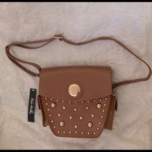 Pink Haley Brown Cabochon Studded Faux Leather Satchel Shoulder Crossbody